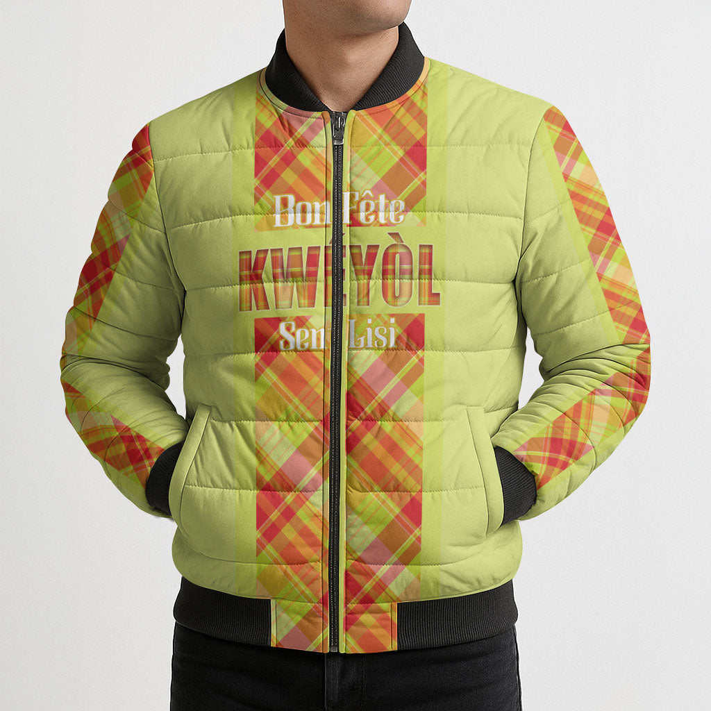 Personalized Bon Fete Kweyol Sent Lisi Bomber Puffer Jacket Saint Lucia Creole Day Madras Motifs Yellow