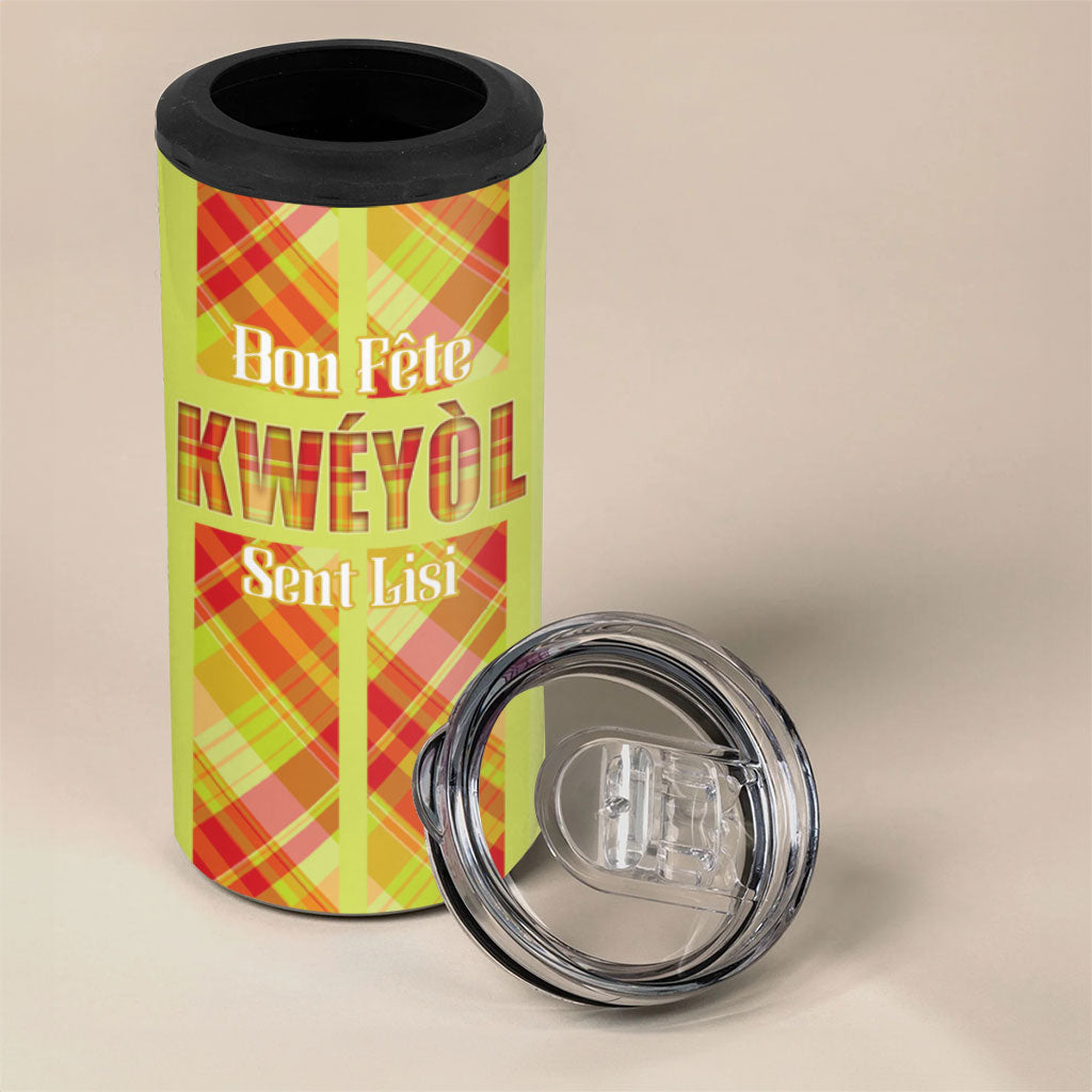 Personalized Bon Fete Kweyol Sent Lisi 4 in 1 Can Cooler Tumbler Saint Lucia Creole Day Madras Motifs Yellow