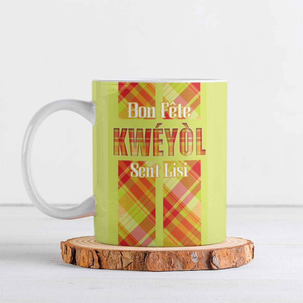Personalized Bon Fete Kweyol Sent Lisi Ceramic Mug Saint Lucia Creole Day Madras Motifs Yellow