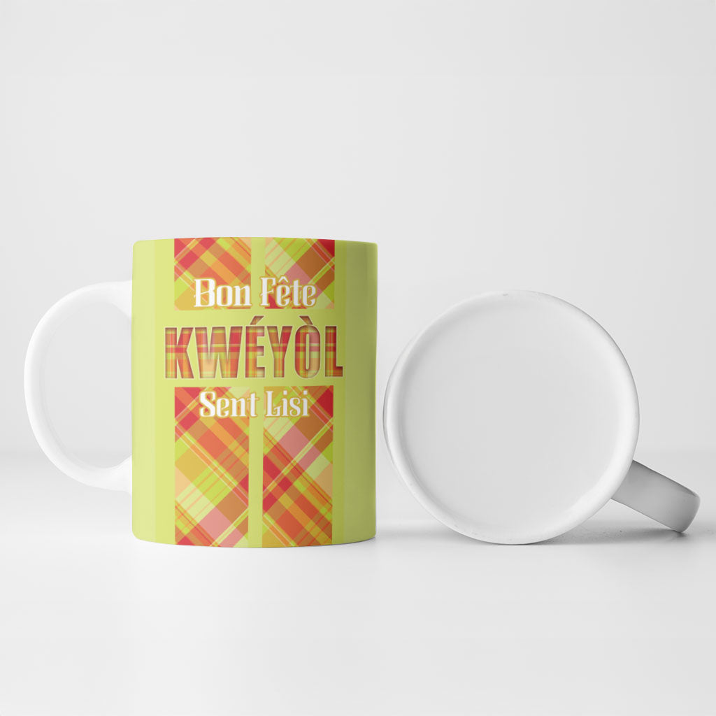 Personalized Bon Fete Kweyol Sent Lisi Ceramic Mug Saint Lucia Creole Day Madras Motifs Yellow