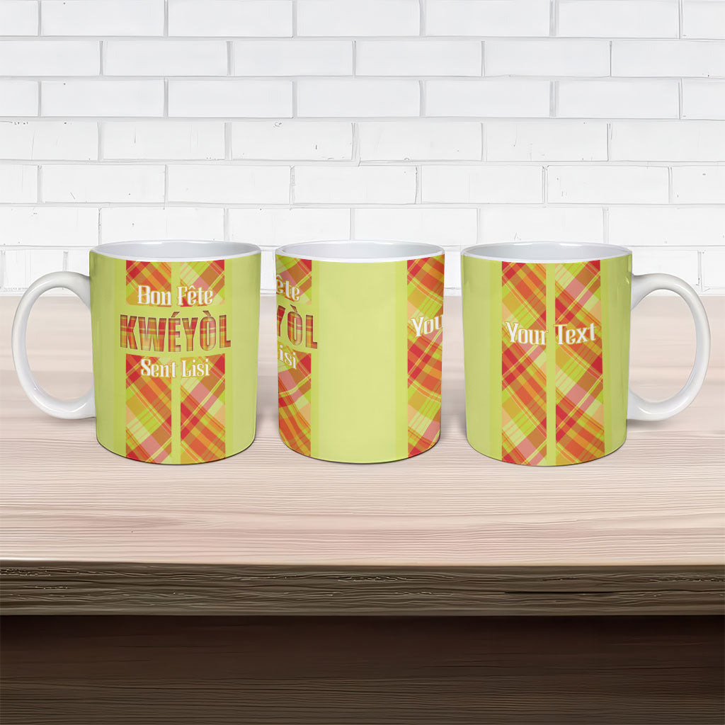 Personalized Bon Fete Kweyol Sent Lisi Ceramic Mug Saint Lucia Creole Day Madras Motifs Yellow