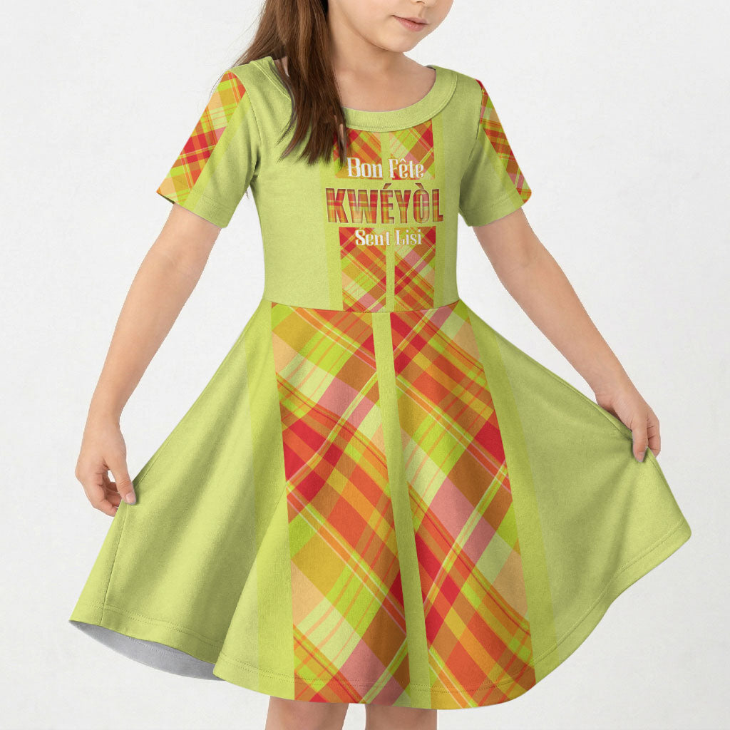 Personalized Bon Fete Kweyol Sent Lisi Kid Short Sleeve Dress Saint Lucia Creole Day Madras Motifs Yellow