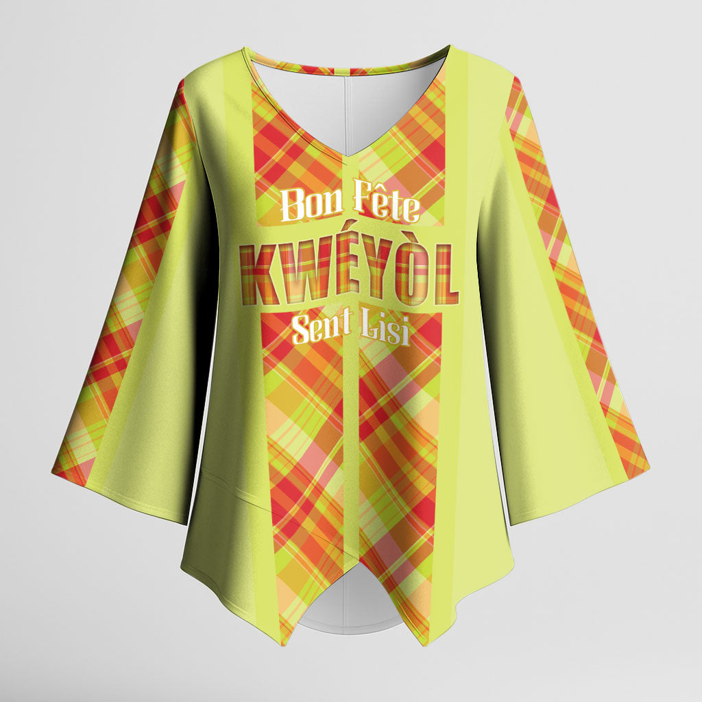 Personalized Bon Fete Kweyol Sent Lisi Kimono Sleeve Blouse Saint Lucia Creole Day Madras Motifs Yellow