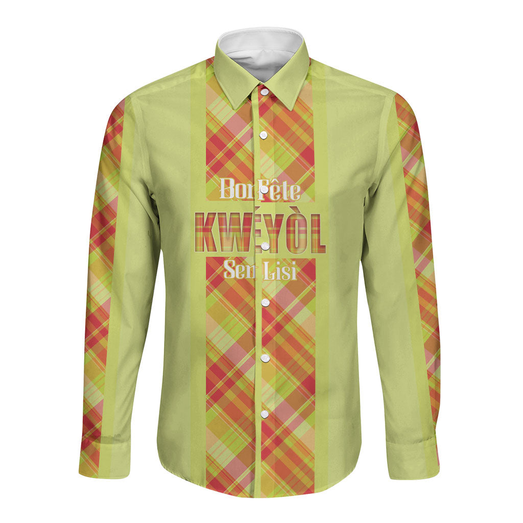 Personalized Bon Fete Kweyol Sent Lisi Long Sleeve Button Shirt Saint Lucia Creole Day Madras Motifs Yellow