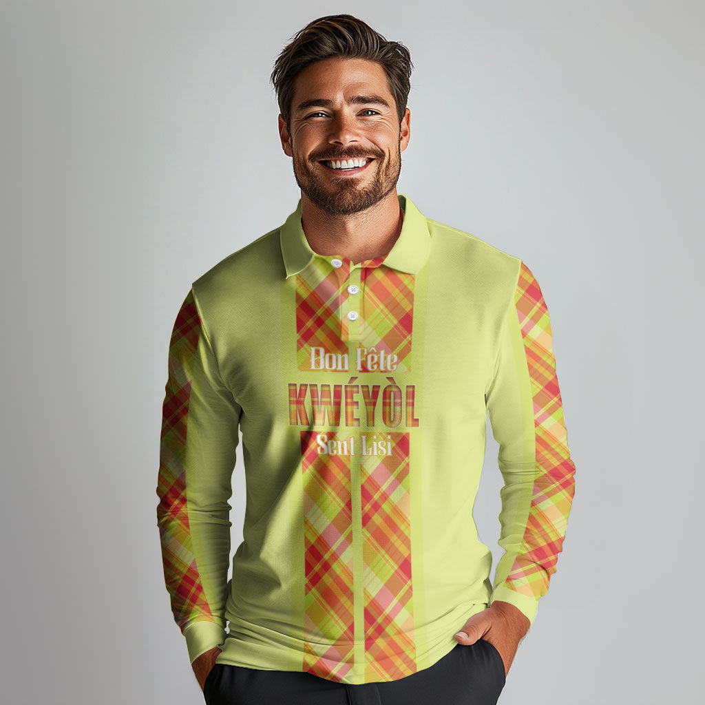 Personalized Bon Fete Kweyol Sent Lisi Long Sleeve Polo Shirt Saint Lucia Creole Day Madras Motifs Yellow