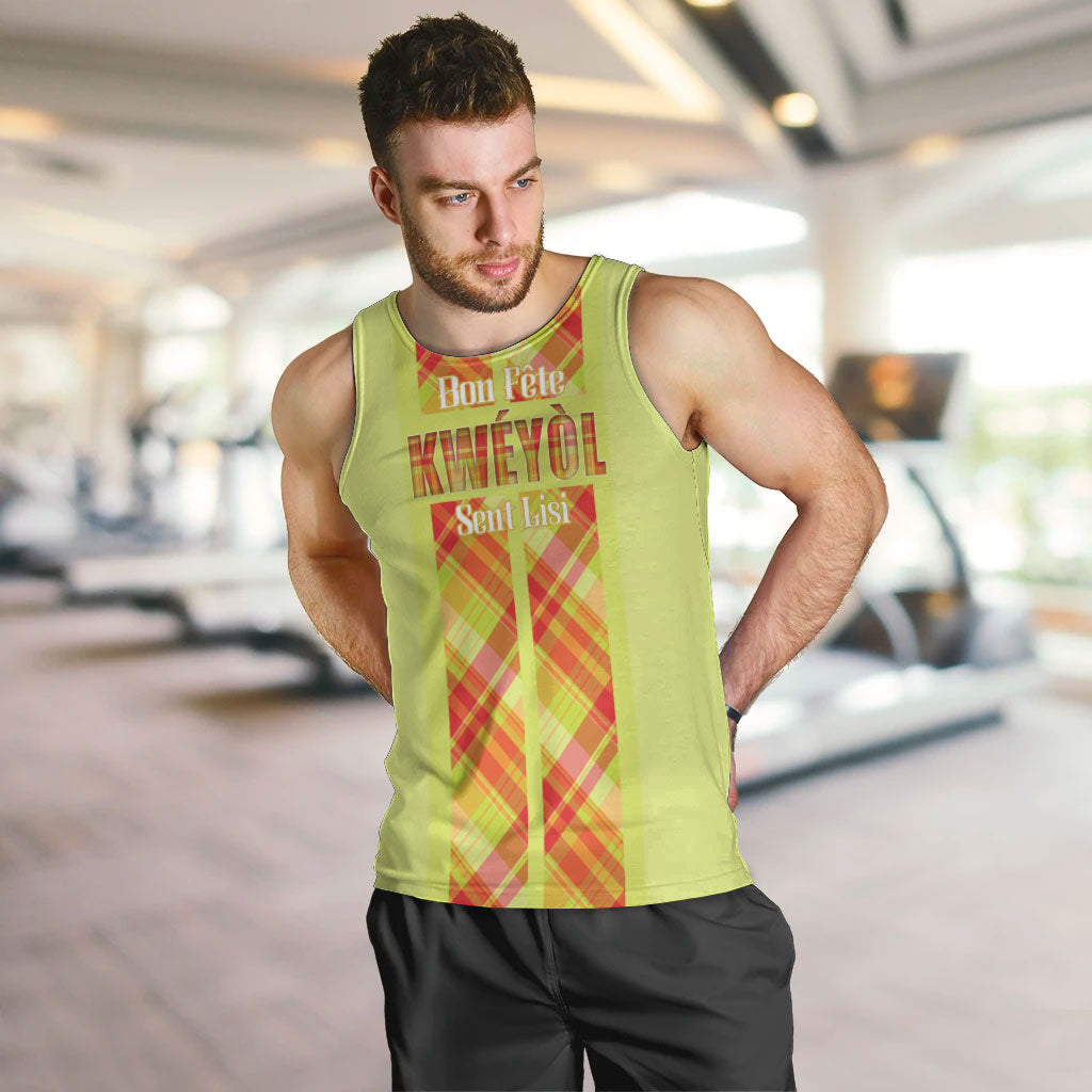 Personalized Bon Fete Kweyol Sent Lisi Men Tank Top Saint Lucia Creole Day Madras Motifs Yellow