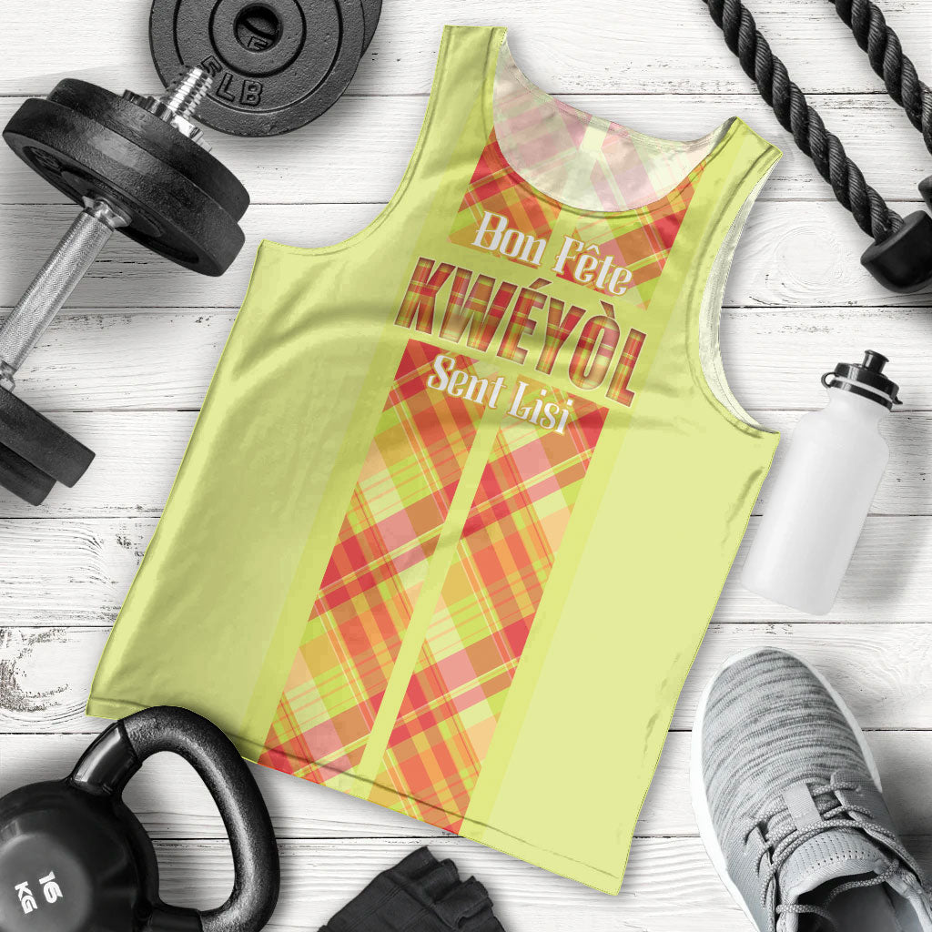 Personalized Bon Fete Kweyol Sent Lisi Men Tank Top Saint Lucia Creole Day Madras Motifs Yellow