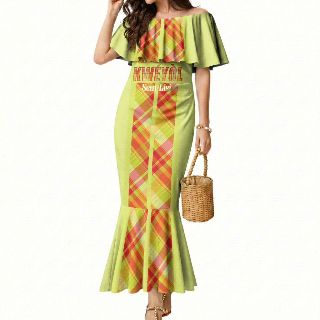 Personalized Bon Fete Kweyol Sent Lisi Mermaid Dress Saint Lucia Creole Day Madras Motifs Yellow