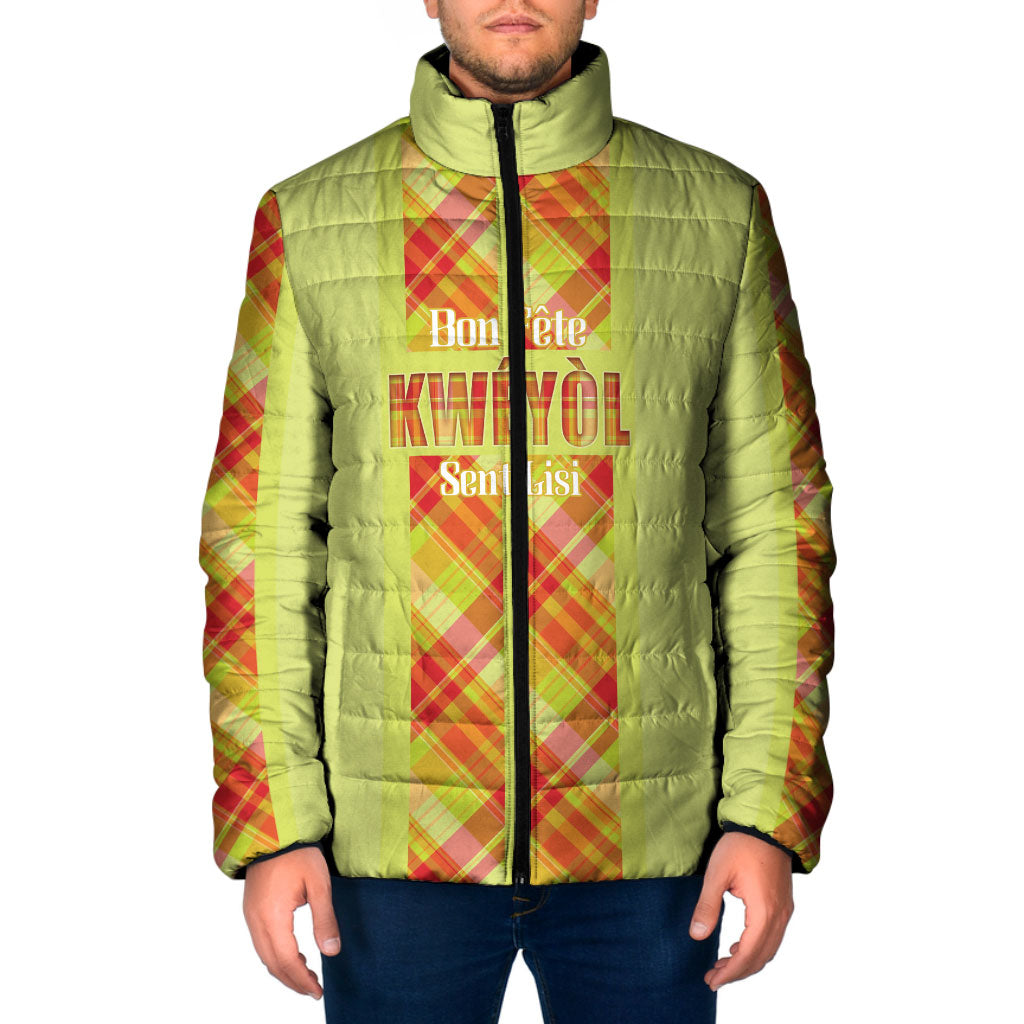 Personalized Bon Fete Kweyol Sent Lisi Padded Jacket Saint Lucia Creole Day Madras Motifs Yellow