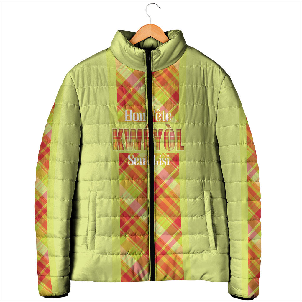 Personalized Bon Fete Kweyol Sent Lisi Padded Jacket Saint Lucia Creole Day Madras Motifs Yellow