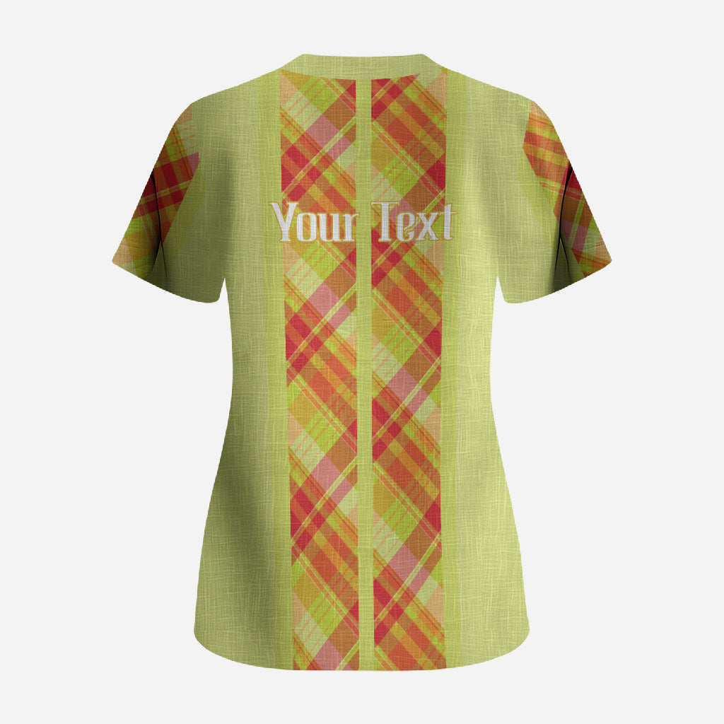 Personalized Bon Fete Kweyol Sent Lisi Scrub Top Saint Lucia Creole Day Madras Motifs Yellow