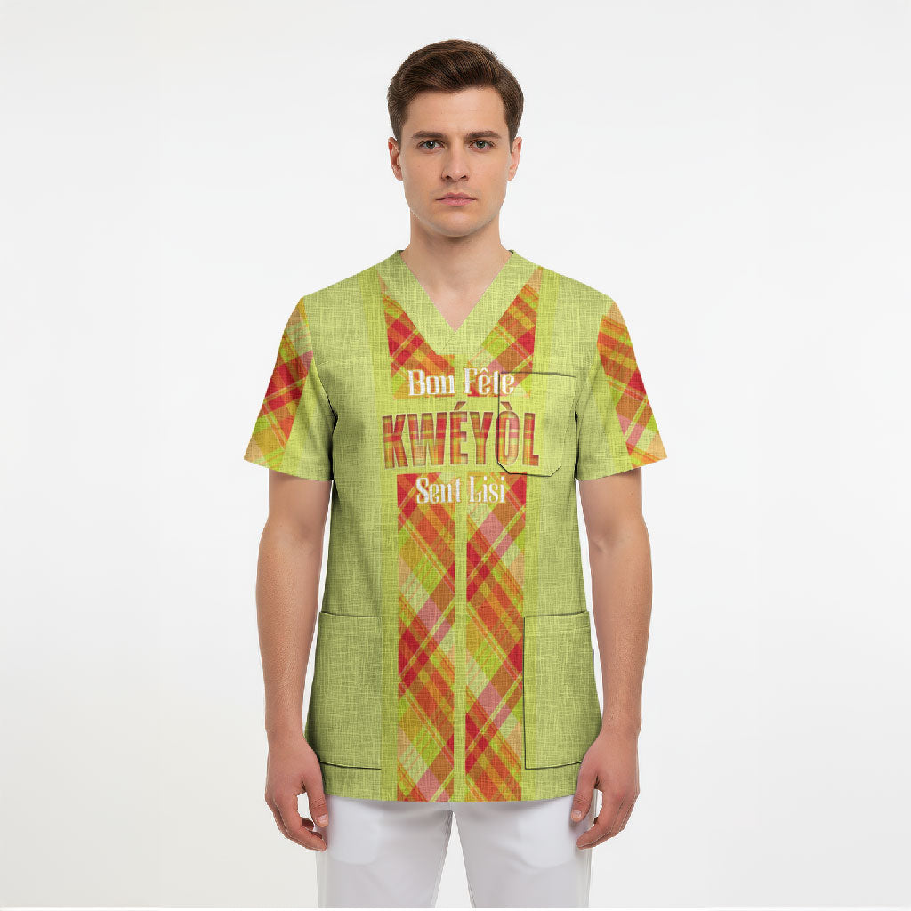 Personalized Bon Fete Kweyol Sent Lisi Scrub Top Saint Lucia Creole Day Madras Motifs Yellow