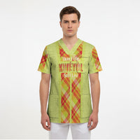 Personalized Bon Fete Kweyol Sent Lisi Scrub Top Saint Lucia Creole Day Madras Motifs Yellow