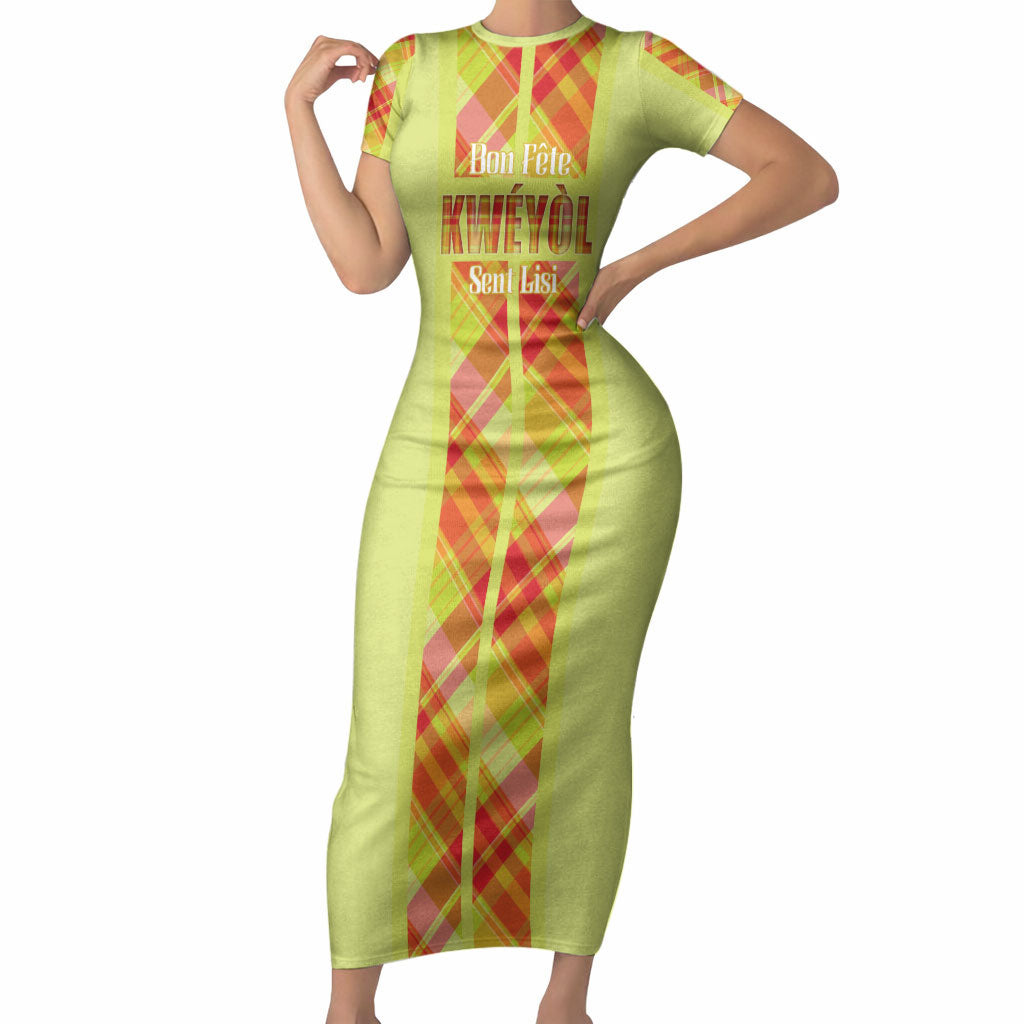 Personalized Bon Fete Kweyol Sent Lisi Short Sleeve Bodycon Dress Saint Lucia Creole Day Madras Motifs Yellow
