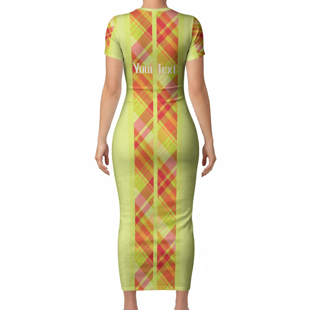 Personalized Bon Fete Kweyol Sent Lisi Short Sleeve Bodycon Dress Saint Lucia Creole Day Madras Motifs Yellow