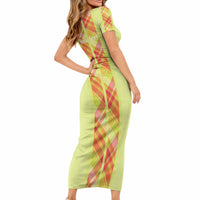 Personalized Bon Fete Kweyol Sent Lisi Short Sleeve Bodycon Dress Saint Lucia Creole Day Madras Motifs Yellow