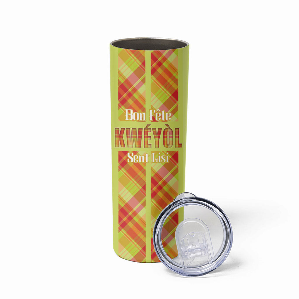Personalized Bon Fete Kweyol Sent Lisi Skinny Tumbler Saint Lucia Creole Day Madras Motifs Yellow