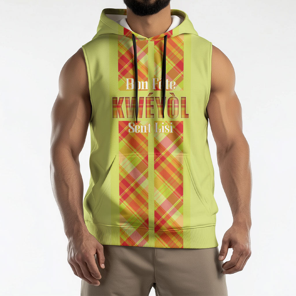 Personalized Bon Fete Kweyol Sent Lisi Sleeveless Hoodie Saint Lucia Creole Day Madras Motifs Yellow