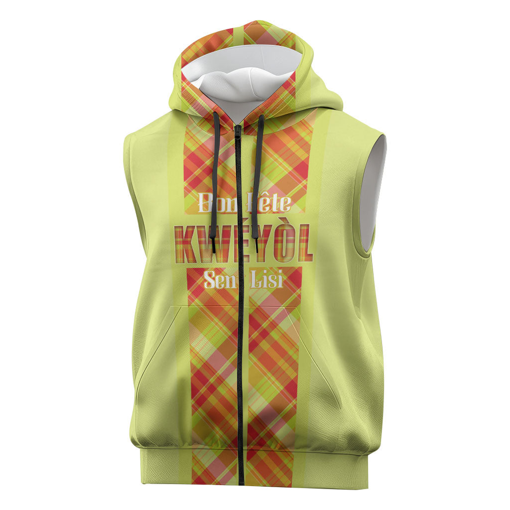 Personalized Bon Fete Kweyol Sent Lisi Sleeveless Zip Hoodie Saint Lucia Creole Day Madras Motifs Yellow