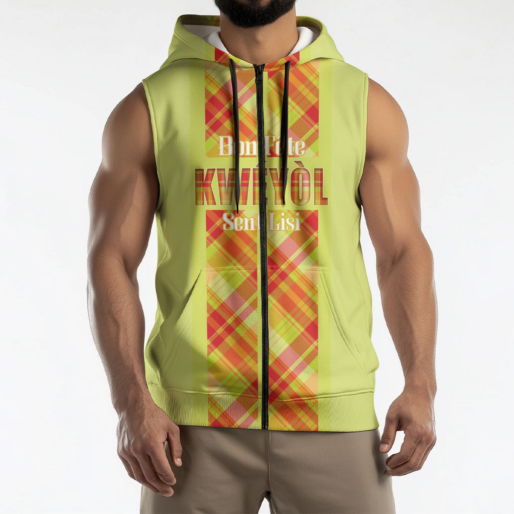 Personalized Bon Fete Kweyol Sent Lisi Sleeveless Zip Hoodie Saint Lucia Creole Day Madras Motifs Yellow