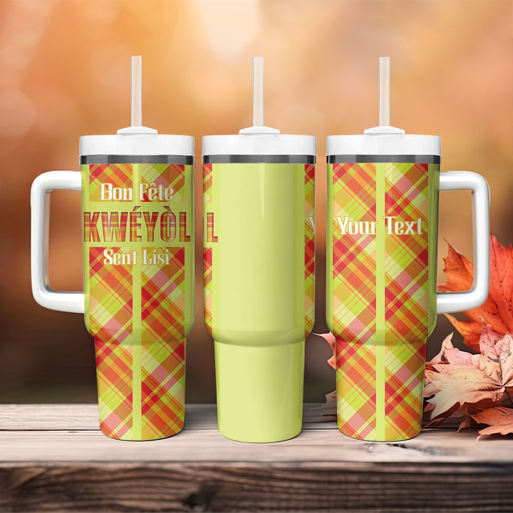 Personalized Bon Fete Kweyol Sent Lisi Tumbler With Handle Saint Lucia Creole Day Madras Motifs Yellow