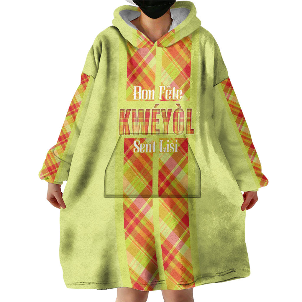 Personalized Bon Fete Kweyol Sent Lisi Wearable Blanket Hoodie Saint Lucia Creole Day Madras Motifs Yellow