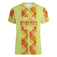 Personalized Bon Fete Kweyol Sent Lisi Women V-Neck T-Shirt Saint Lucia Creole Day Madras Motifs Yellow