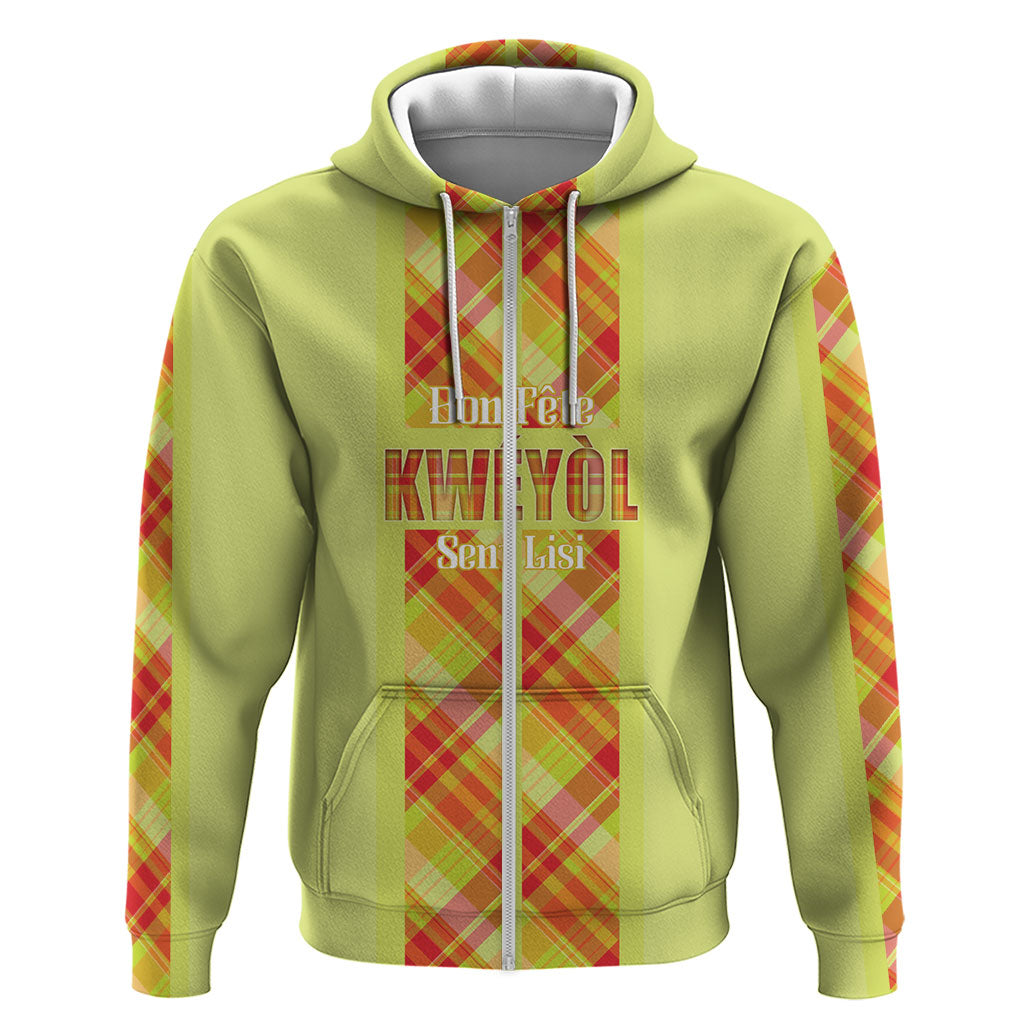 Personalized Bon Fete Kweyol Sent Lisi Zip Hoodie Saint Lucia Creole Day Madras Motifs Yellow