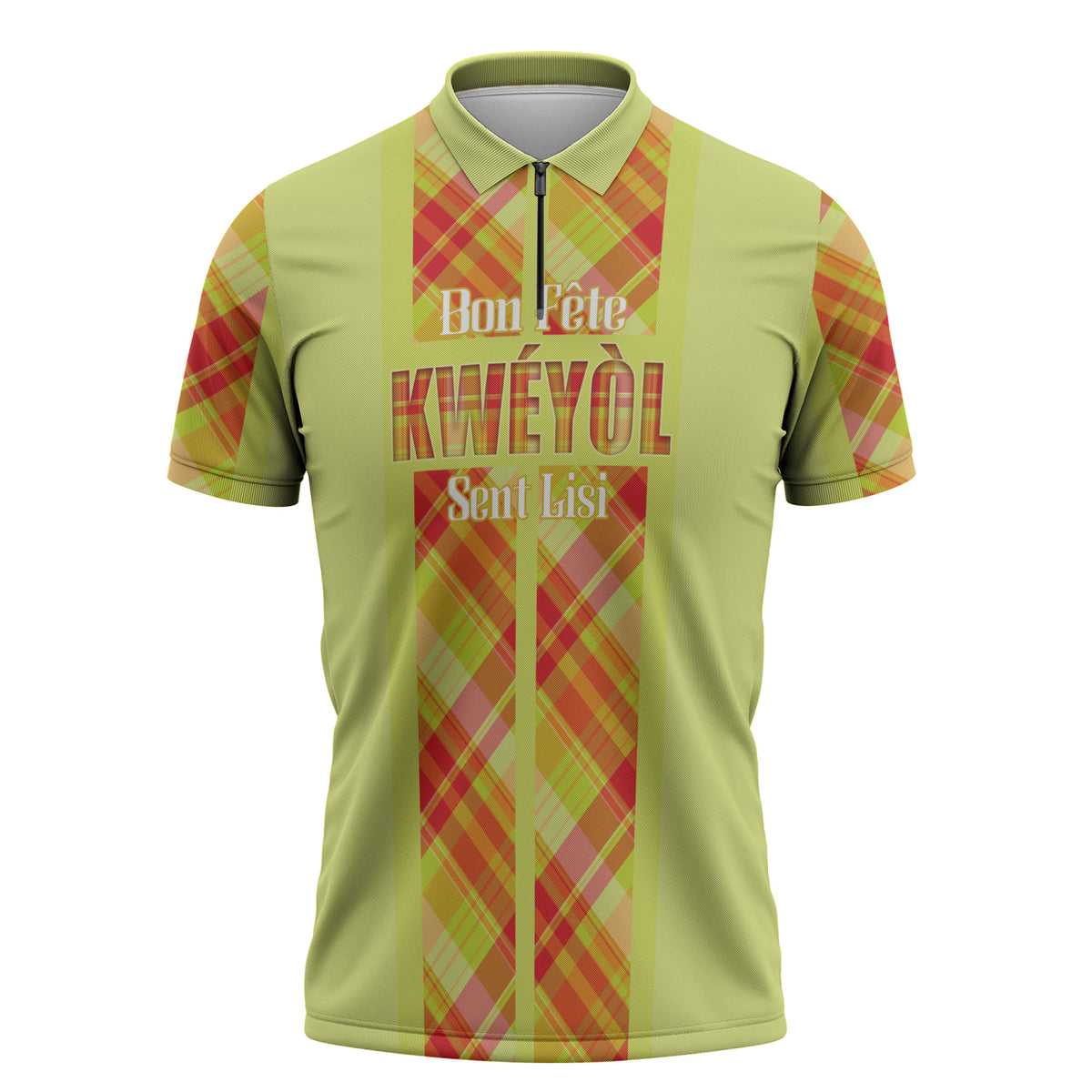 Personalized Bon Fete Kweyol Sent Lisi Zipper Polo Shirt Saint Lucia Creole Day Madras Motifs Yellow