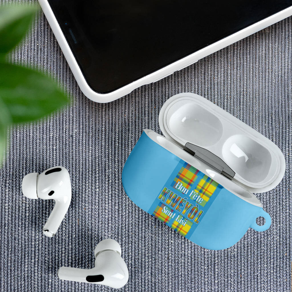 Bon Fete Kweyol Sent Lisi AirPods Case Saint Lucia Creole Day Madras Motifs Blue