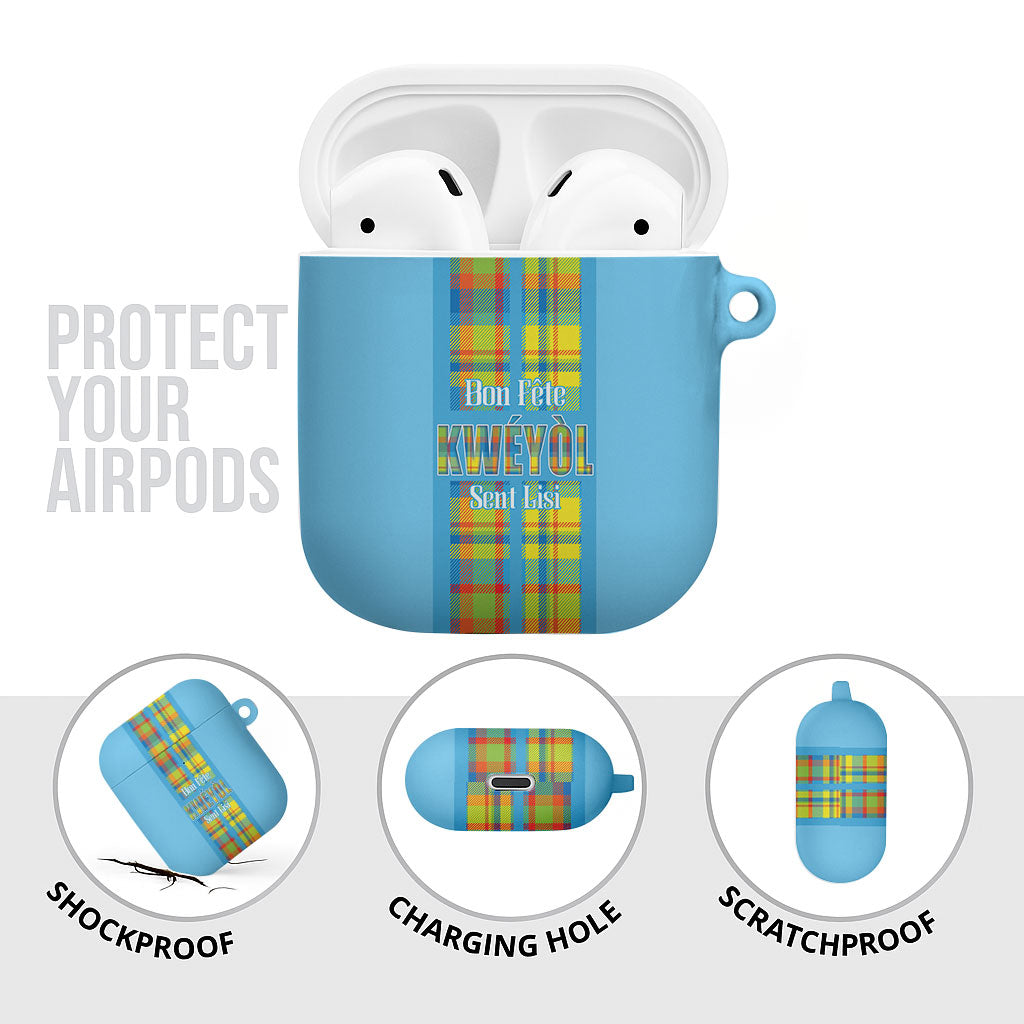 Bon Fete Kweyol Sent Lisi AirPods Case Saint Lucia Creole Day Madras Motifs Blue