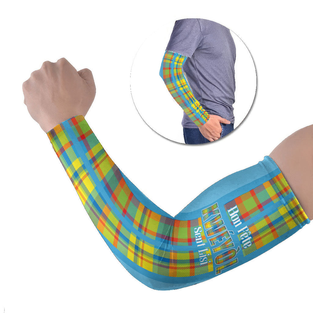 Personalized Bon Fete Kweyol Sent Lisi Arm Sleeves Saint Lucia Creole Day Madras Motifs Blue