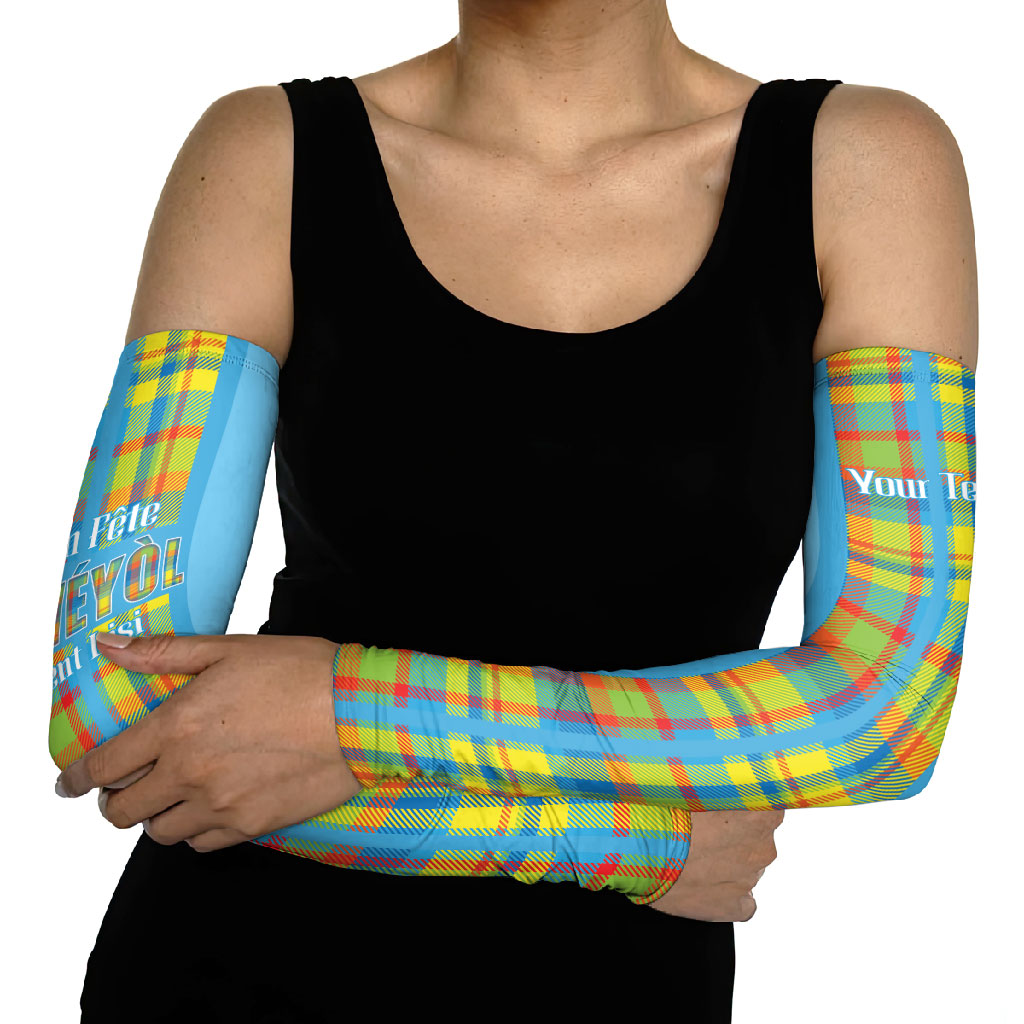 Personalized Bon Fete Kweyol Sent Lisi Arm Sleeves Saint Lucia Creole Day Madras Motifs Blue