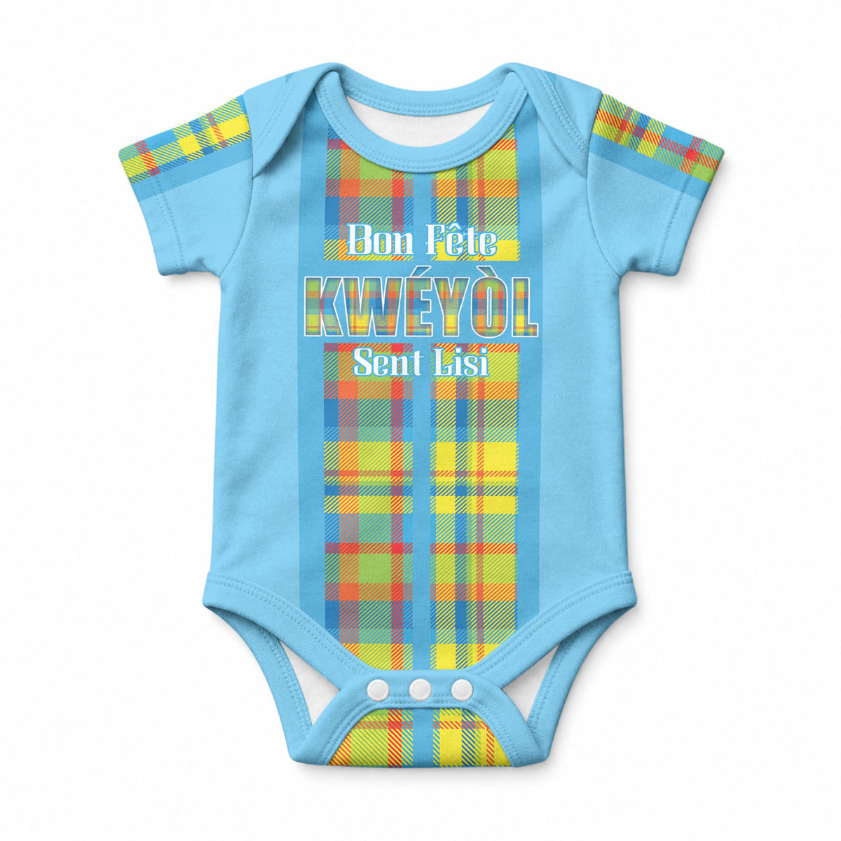 Personalized Bon Fete Kweyol Sent Lisi Baby Onesie Saint Lucia Creole Day Madras Motifs Blue