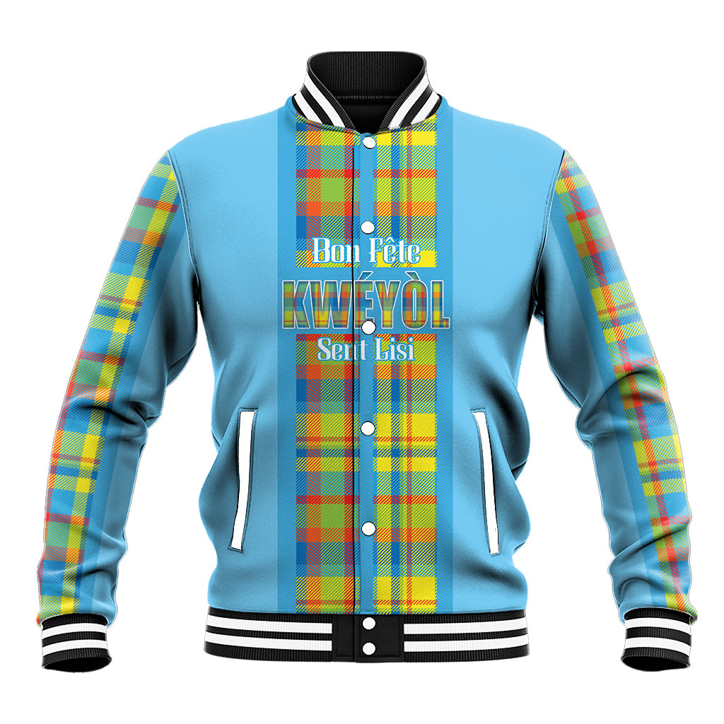 Personalized Bon Fete Kweyol Sent Lisi Baseball Jacket Saint Lucia Creole Day Madras Motifs Blue