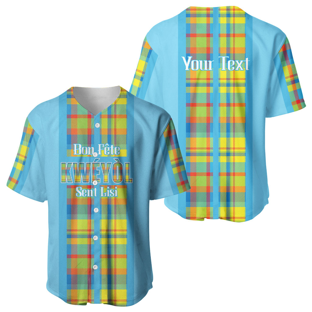 Personalized Bon Fete Kweyol Sent Lisi Baseball Jersey Saint Lucia Creole Day Madras Motifs Blue