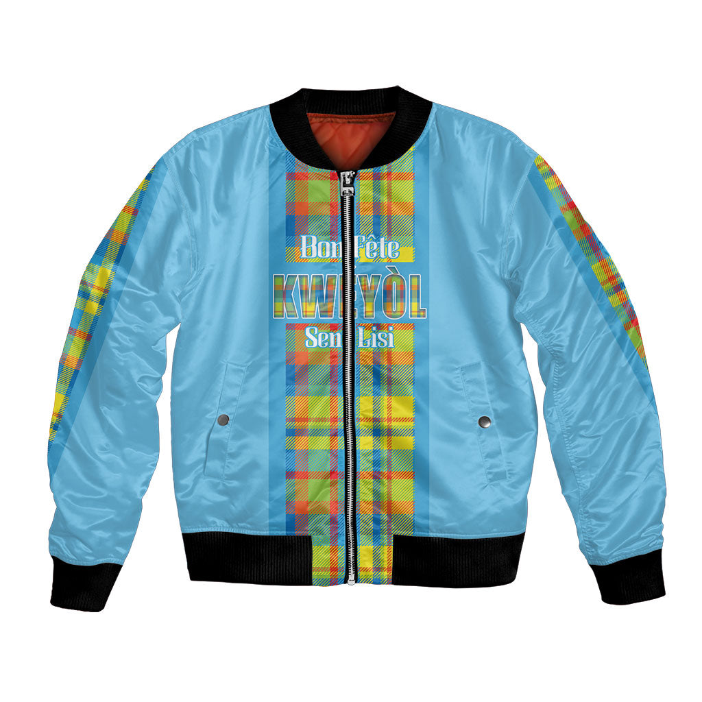 Personalized Bon Fete Kweyol Sent Lisi Bomber Jacket Saint Lucia Creole Day Madras Motifs Blue