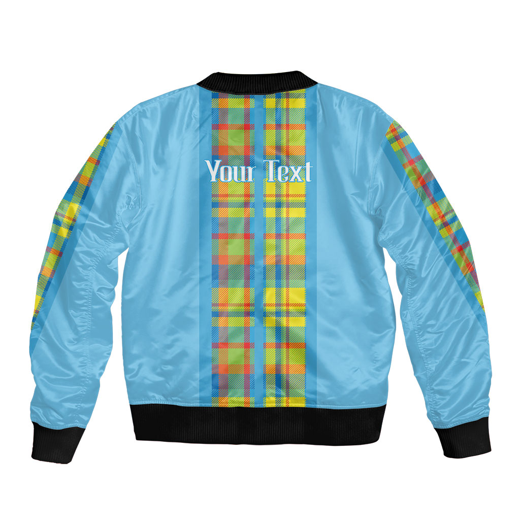 Personalized Bon Fete Kweyol Sent Lisi Bomber Jacket Saint Lucia Creole Day Madras Motifs Blue