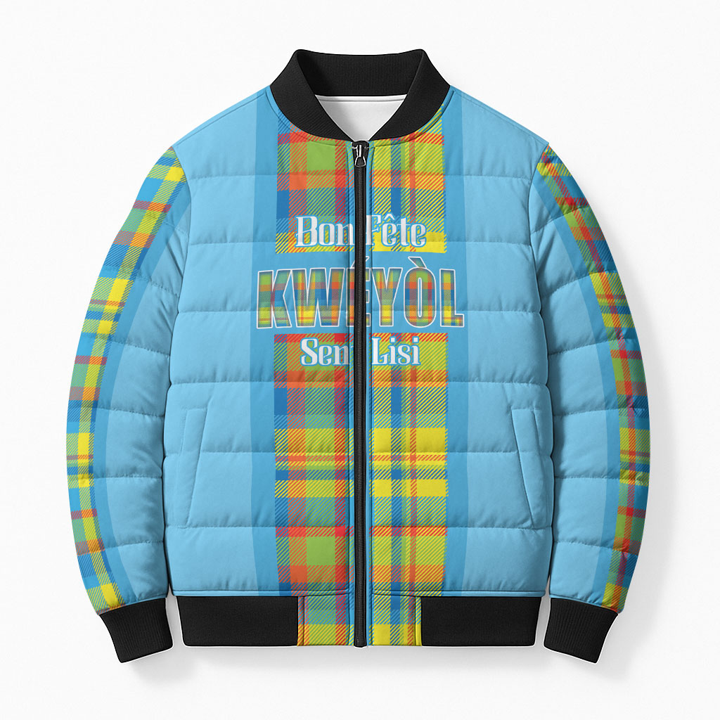 Personalized Bon Fete Kweyol Sent Lisi Bomber Puffer Jacket Saint Lucia Creole Day Madras Motifs Blue
