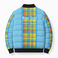Personalized Bon Fete Kweyol Sent Lisi Bomber Puffer Jacket Saint Lucia Creole Day Madras Motifs Blue