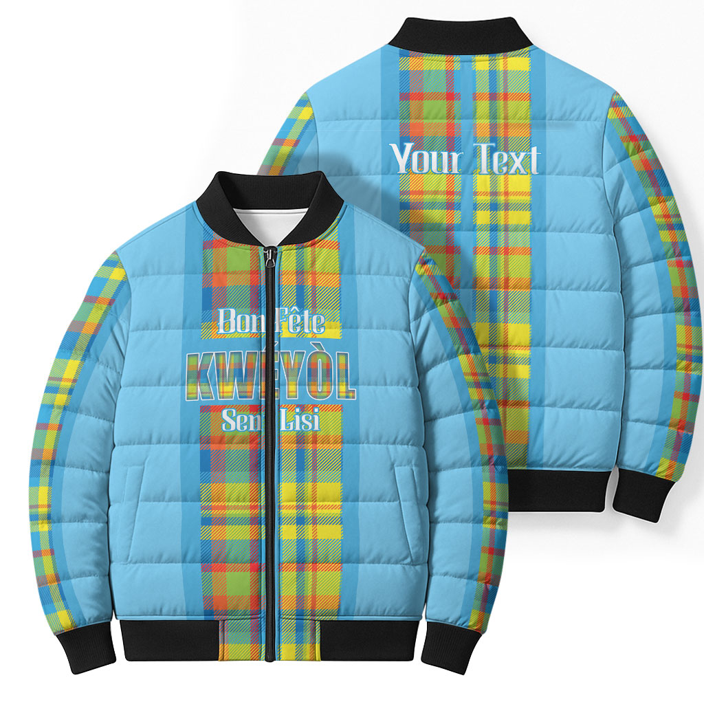 Personalized Bon Fete Kweyol Sent Lisi Bomber Puffer Jacket Saint Lucia Creole Day Madras Motifs Blue