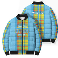 Personalized Bon Fete Kweyol Sent Lisi Bomber Puffer Jacket Saint Lucia Creole Day Madras Motifs Blue