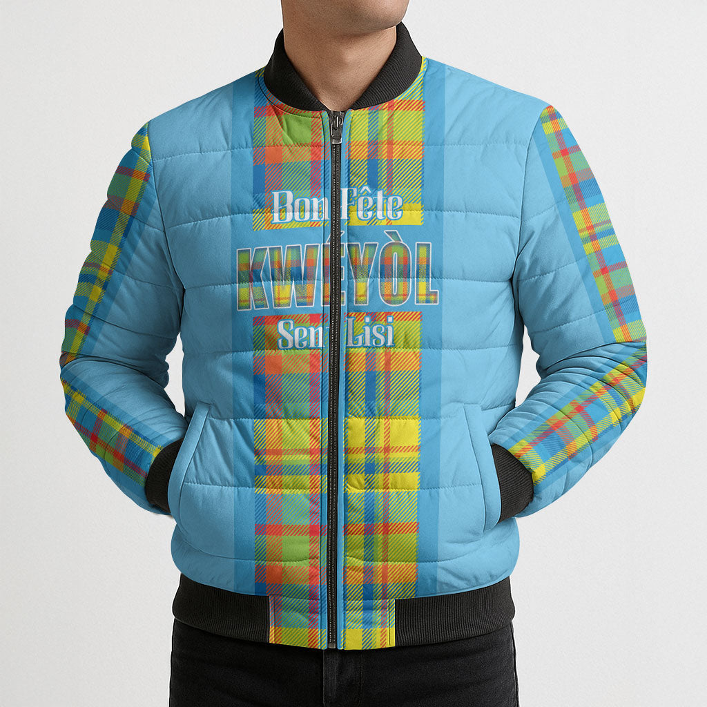 Personalized Bon Fete Kweyol Sent Lisi Bomber Puffer Jacket Saint Lucia Creole Day Madras Motifs Blue