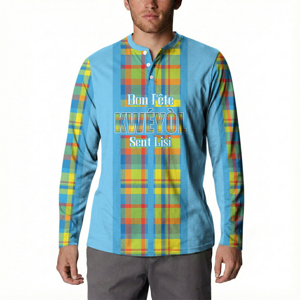Personalized Bon Fete Kweyol Sent Lisi Button Sweatshirt Saint Lucia Creole Day Madras Motifs Blue