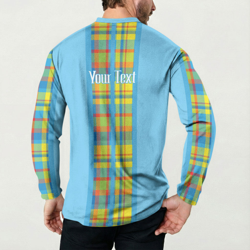 Personalized Bon Fete Kweyol Sent Lisi Button Sweatshirt Saint Lucia Creole Day Madras Motifs Blue