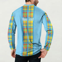 Personalized Bon Fete Kweyol Sent Lisi Button Sweatshirt Saint Lucia Creole Day Madras Motifs Blue