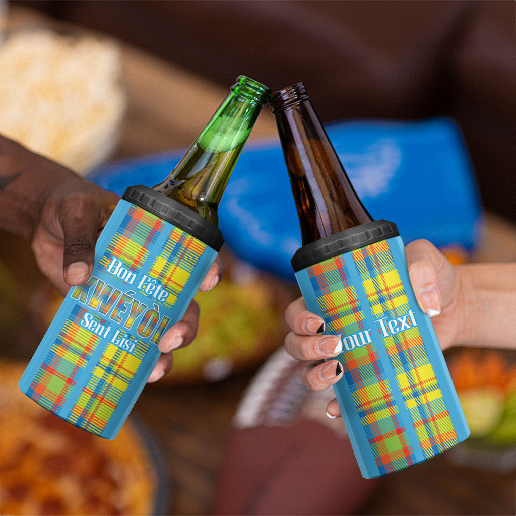 Personalized Bon Fete Kweyol Sent Lisi 4 in 1 Can Cooler Tumbler Saint Lucia Creole Day Madras Motifs Blue