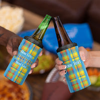 Personalized Bon Fete Kweyol Sent Lisi 4 in 1 Can Cooler Tumbler Saint Lucia Creole Day Madras Motifs Blue