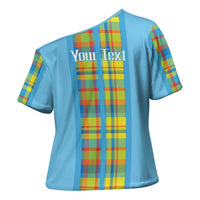Personalized Bon Fete Kweyol Sent Lisi Cross Shoulder Shirt Saint Lucia Creole Day Madras Motifs Blue