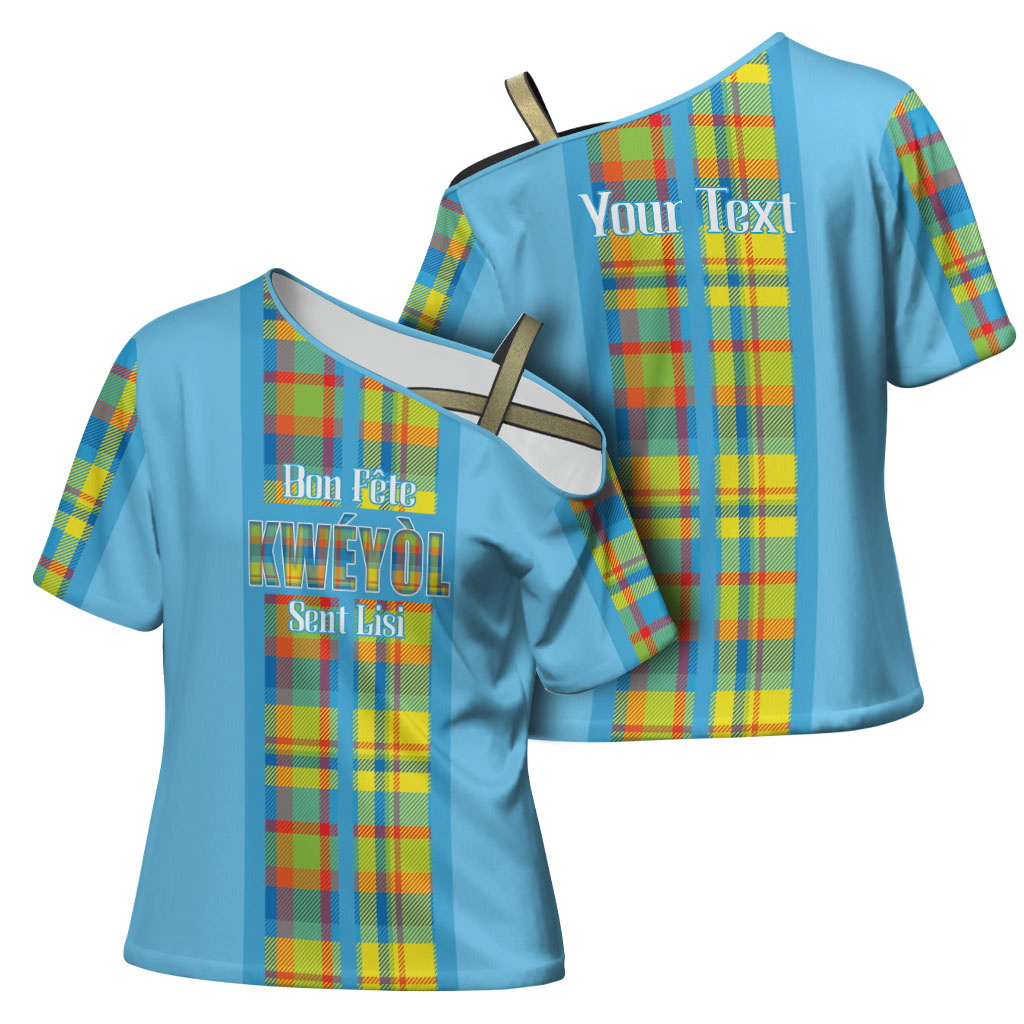 Personalized Bon Fete Kweyol Sent Lisi Cross Shoulder Shirt Saint Lucia Creole Day Madras Motifs Blue